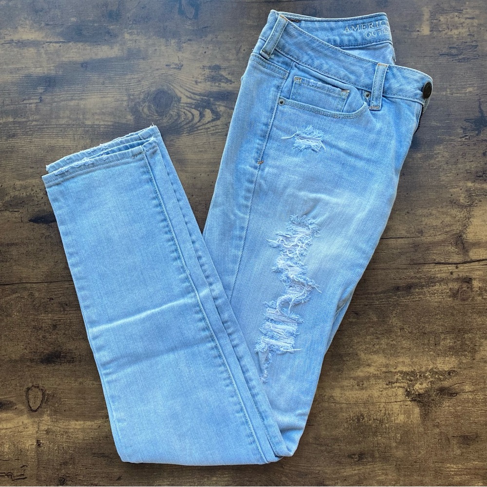 AE Skinny Stretch Distressed Light Wash Jeans